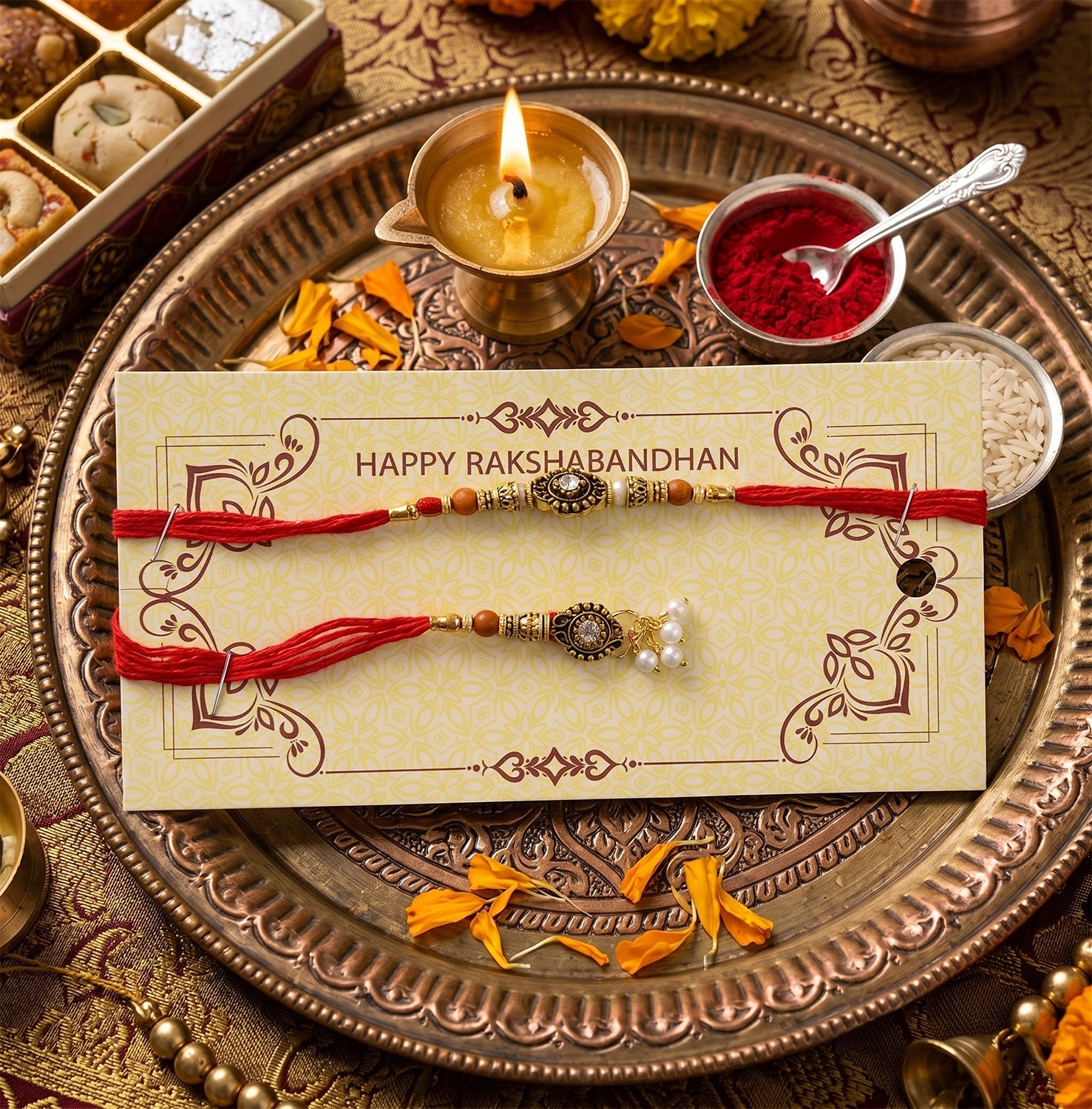 Antique stone Bhabhi Rakhi featuring pearl beads close-up