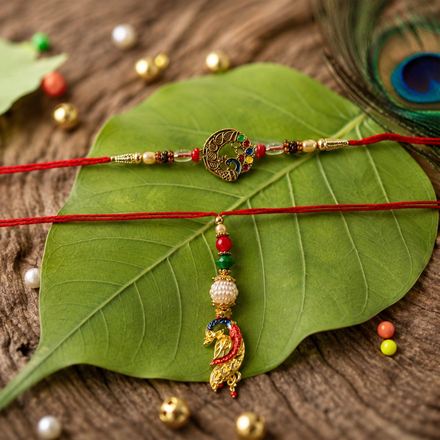 Peacock Pendant Bhabhi Rakhi with colorful beads laid flat