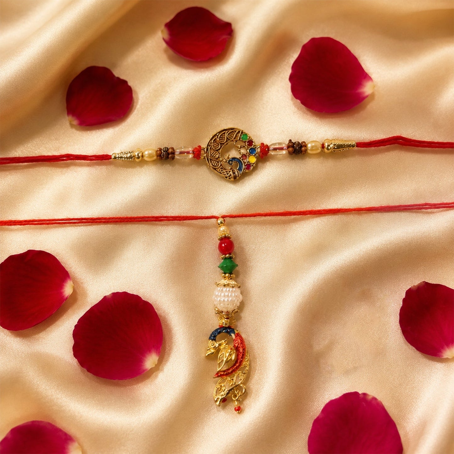Peacock Pendant Bhabhi Rakhi displayed on white background