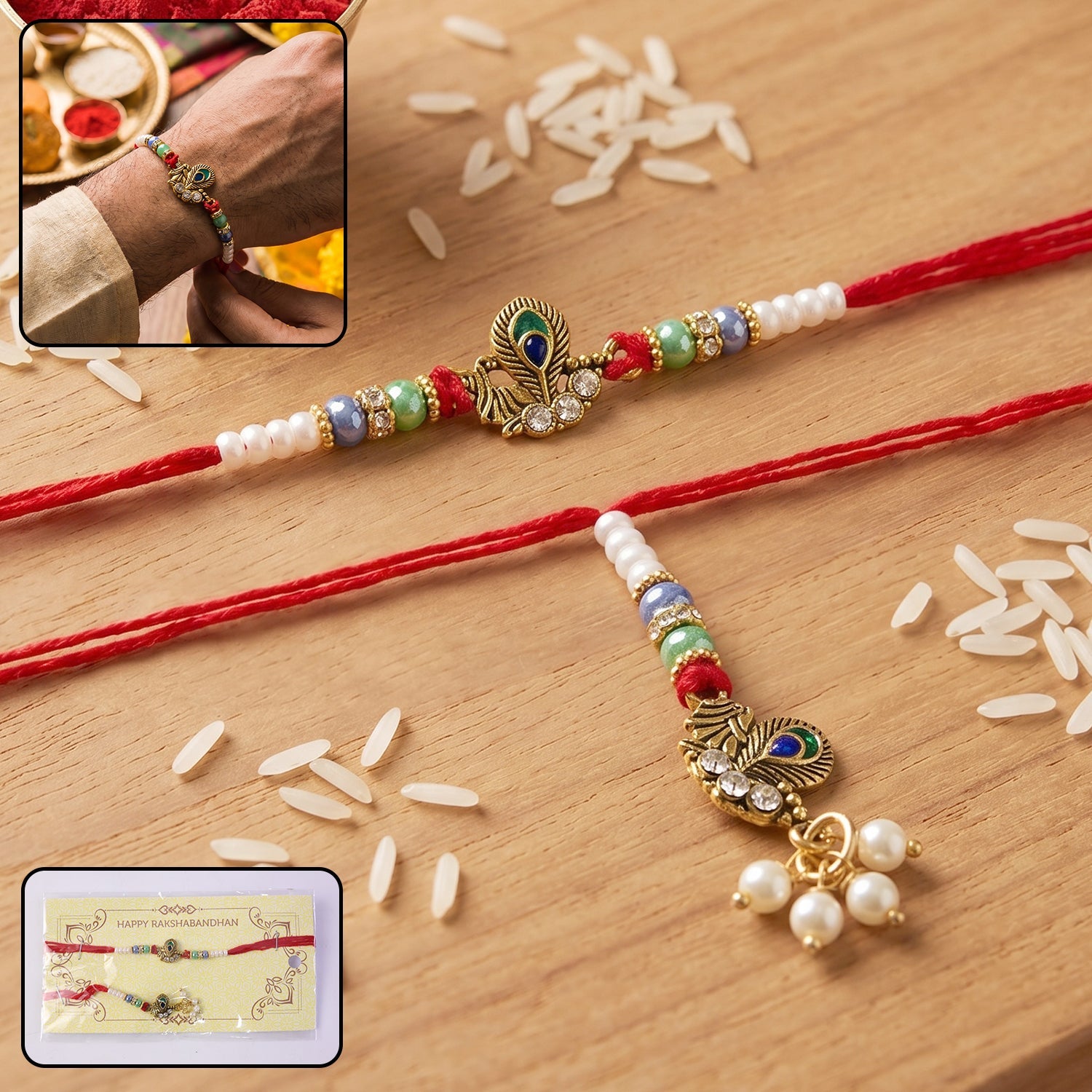 Pearl Cluster Bhabhi Rakhi with peacock charm on white background