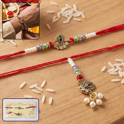 Pearl Cluster Bhabhi Rakhi with peacock charm on white background