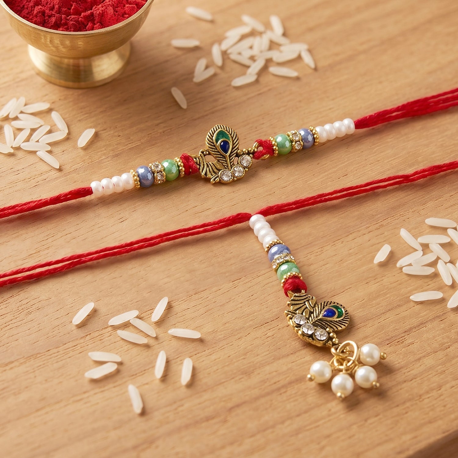 Close-up of pearl cluster and peacock charm on Bhabhi Rakhi