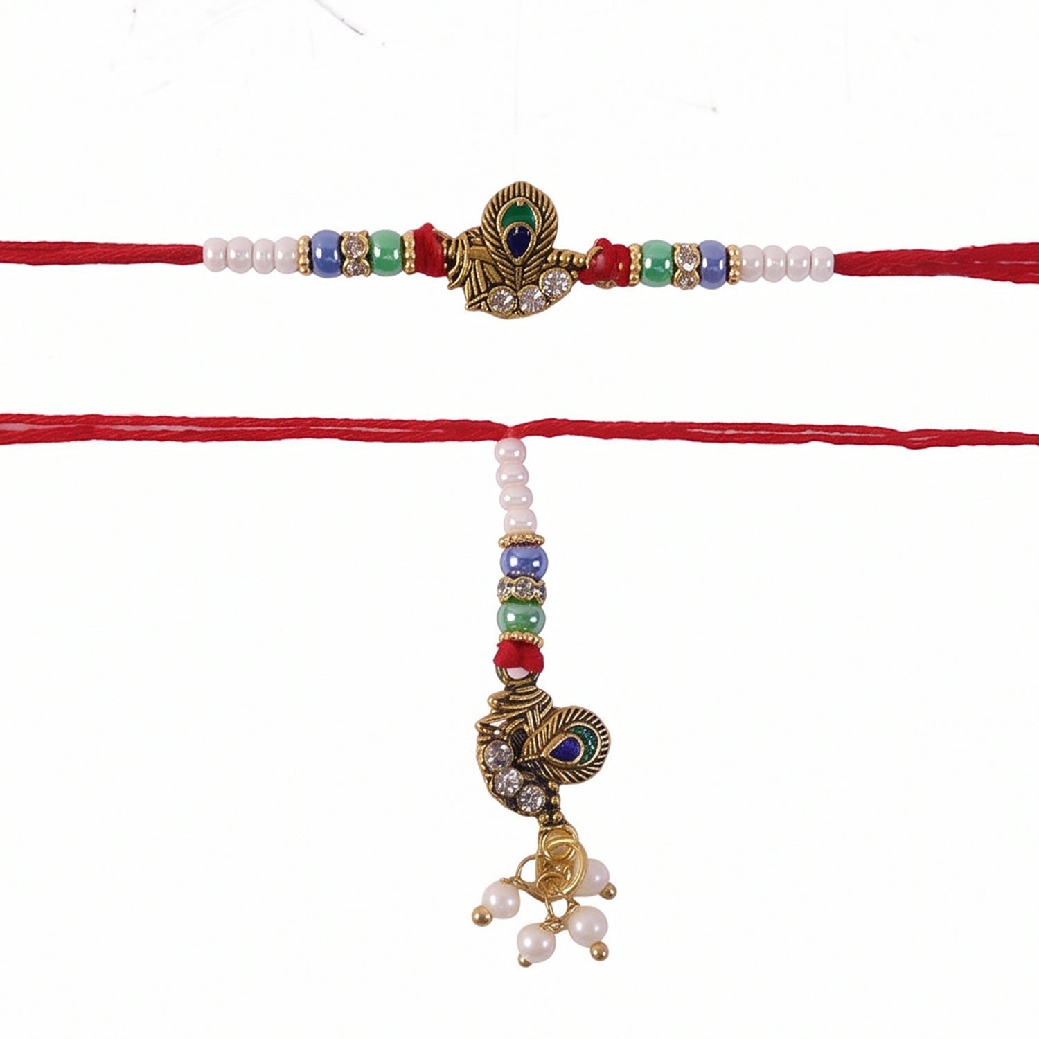 Pearl and peacock design on Bhabhi Rakhi close-up