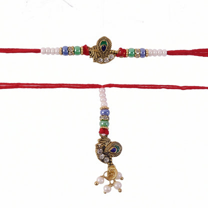 Pearl and peacock design on Bhabhi Rakhi close-up