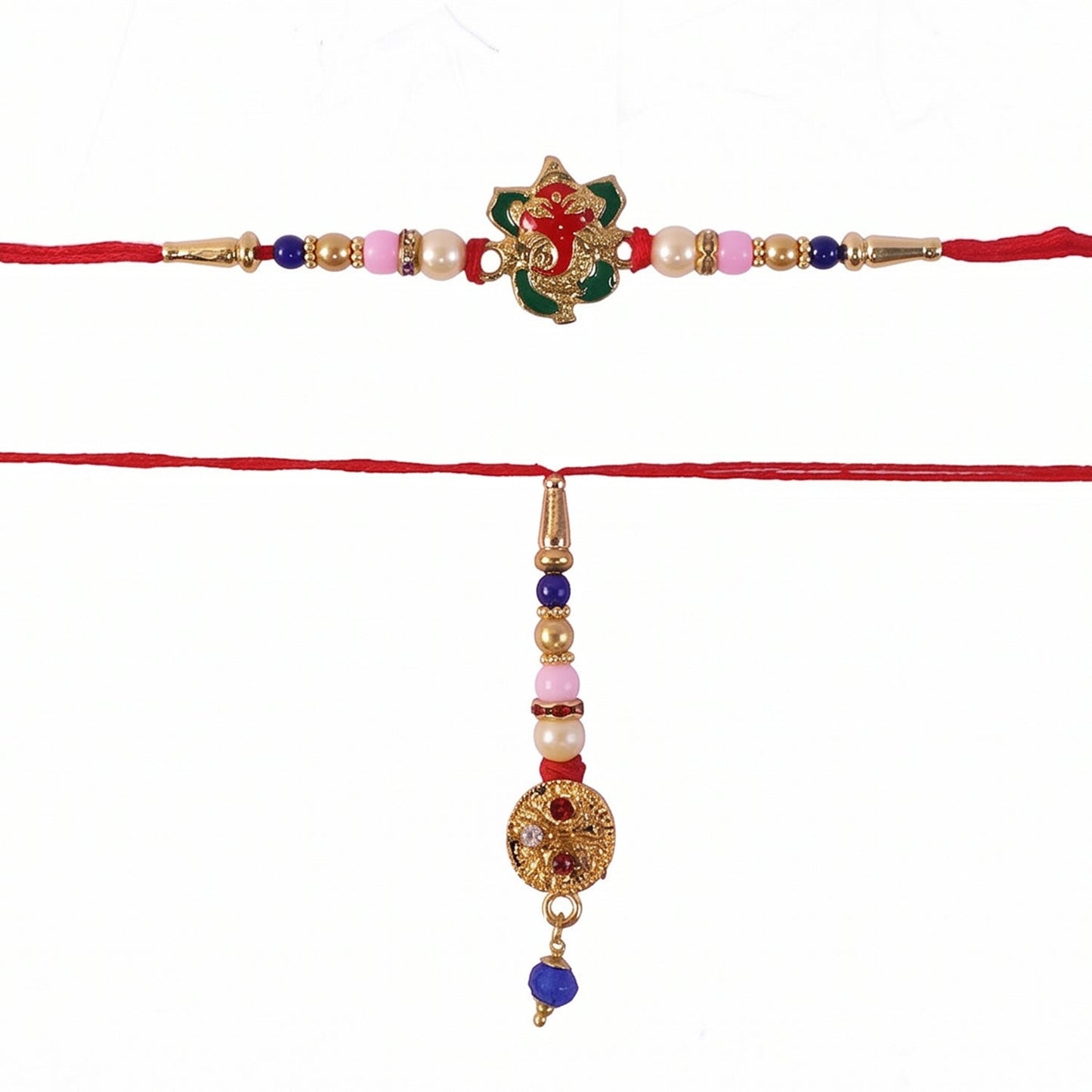 Close-up of peacock design on Floral Bhabhi Rakhi with pastel beads