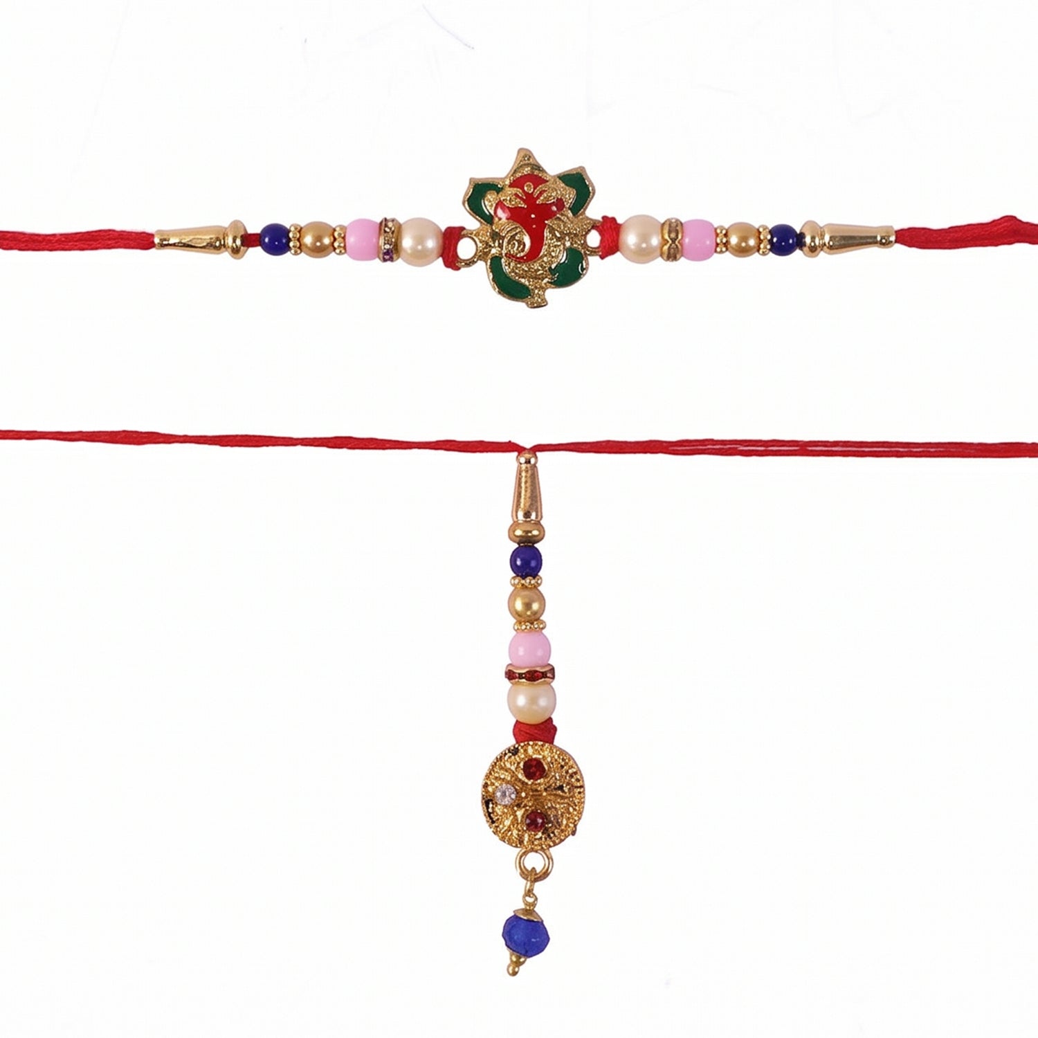 Close-up of peacock design on Floral Bhabhi Rakhi with pastel beads
