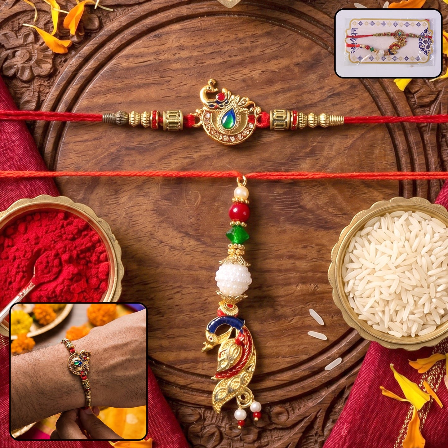 Peacock Kundan Bhabhi Rakhi with Pearl Latkan on a white background