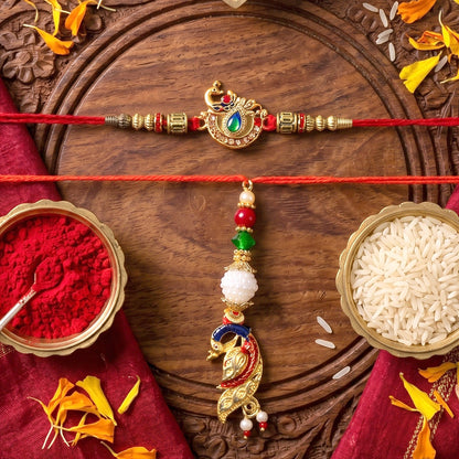 Side view of Peacock Kundan Bhabhi Rakhi with Pearl Latkan