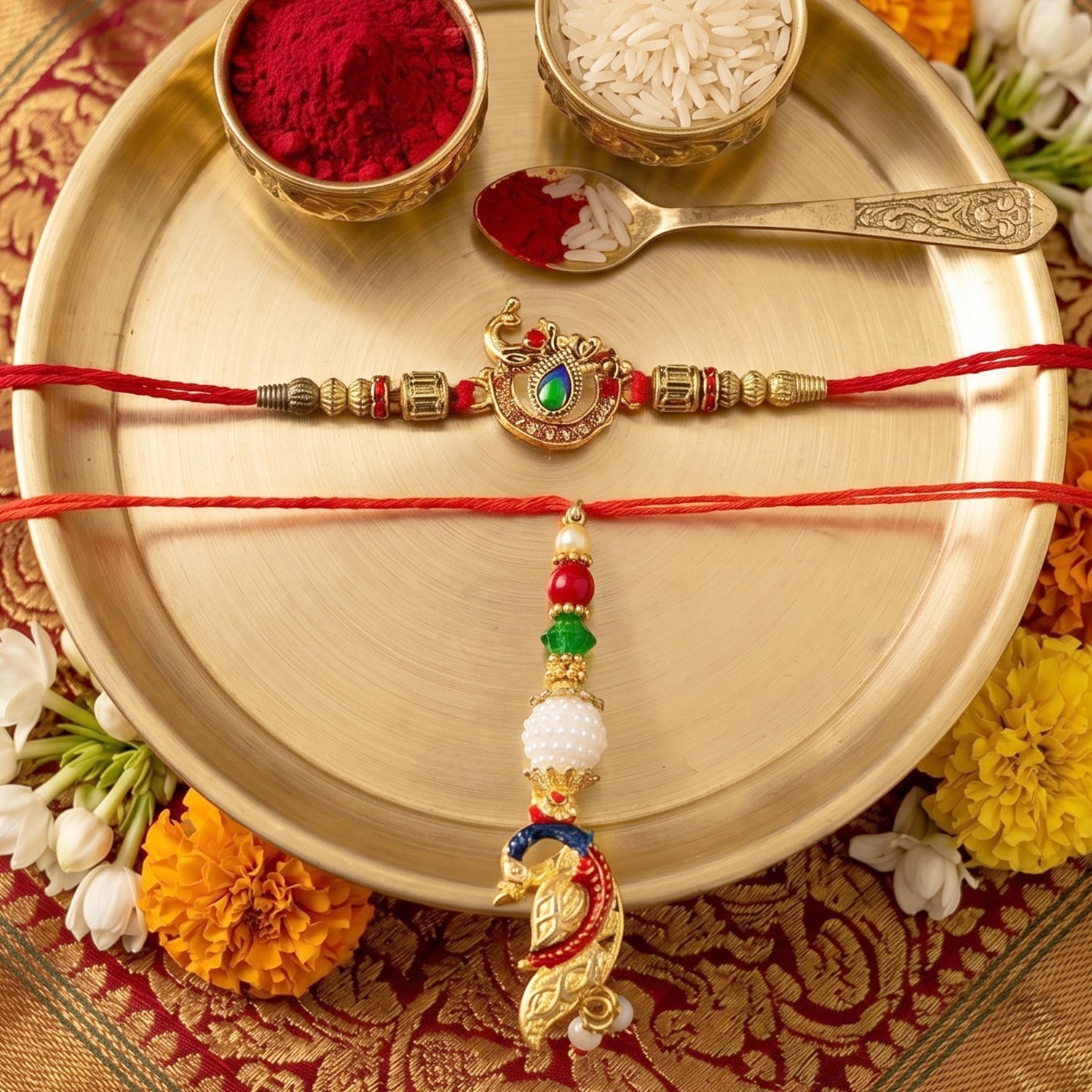 Peacock Kundan Bhabhi Rakhi with Pearl Latkan close-up view