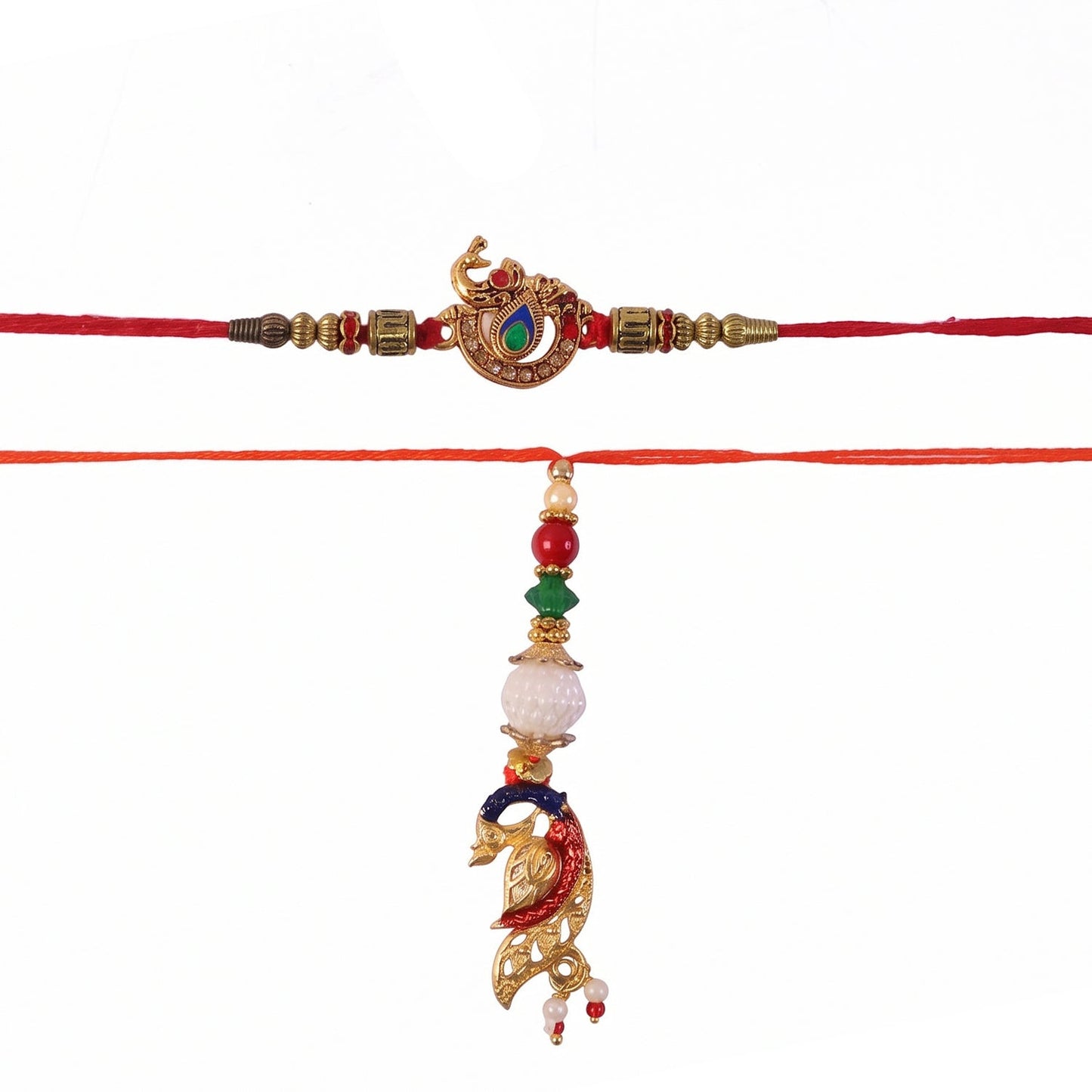 Traditional Peacock Kundan Bhabhi Rakhi with pearl details
