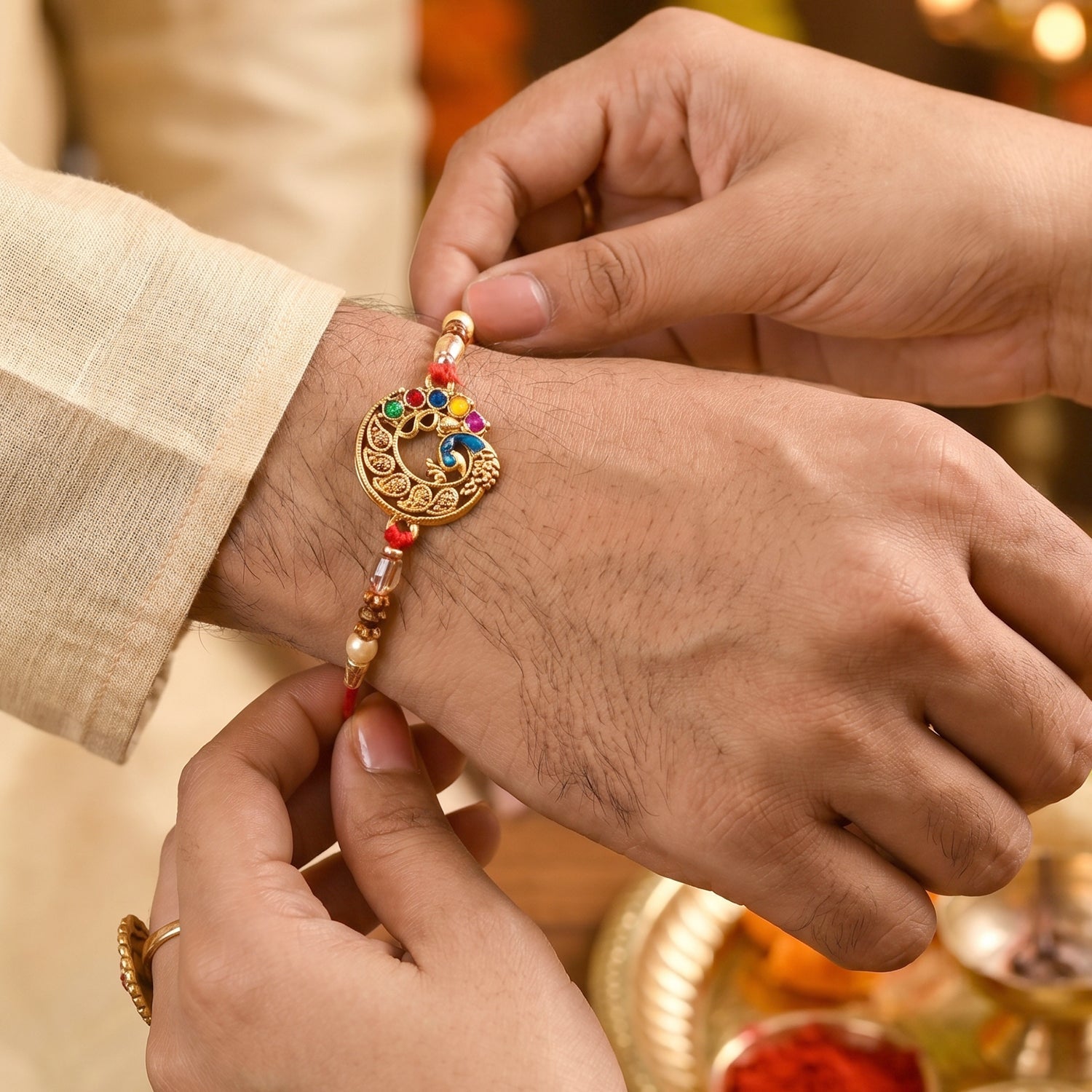 Close-up of peacock charm on Bhabhi Rakhi