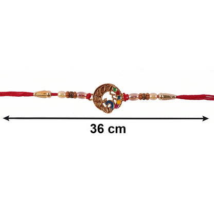 Peacock Charm Bhabhi Rakhi laying flat with gift box