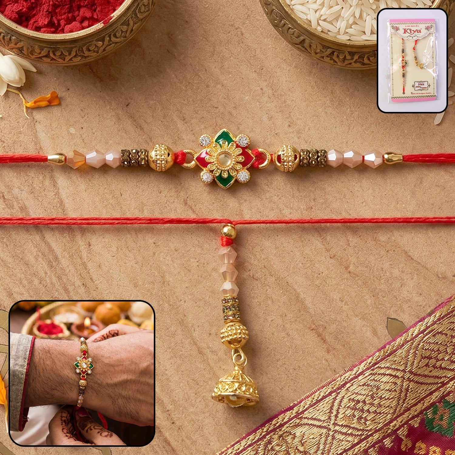 Floral Pearl Bhabhi Rakhi with Golden Latkan front view