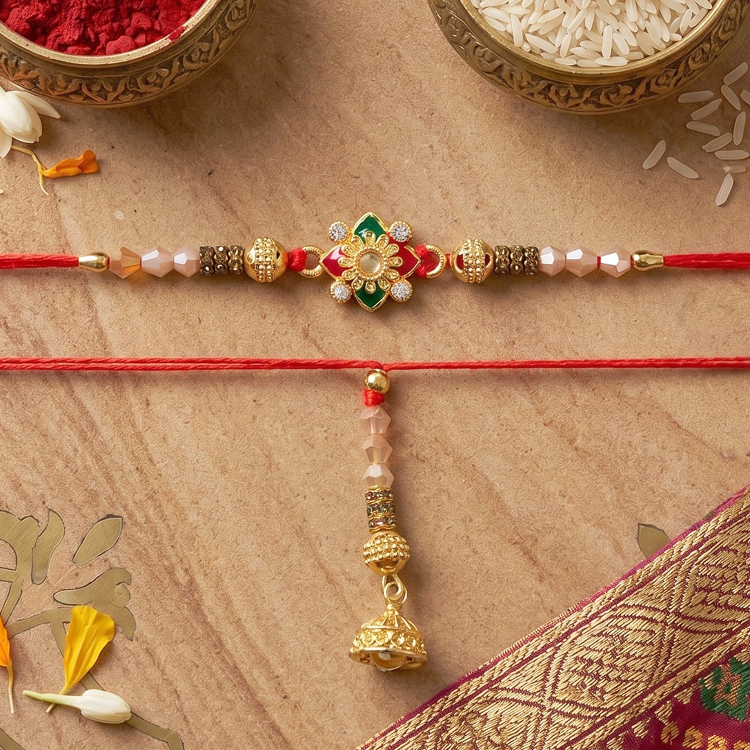 Floral Pearl Bhabhi Rakhi detailed pearl and latkan design