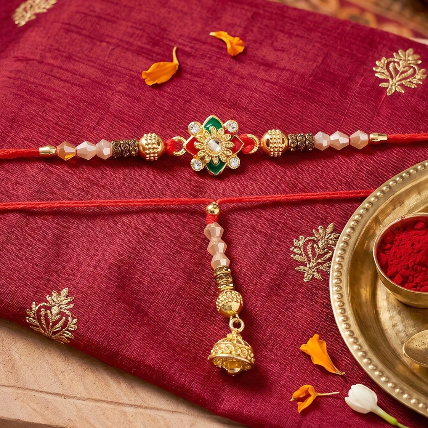 Floral Pearl Bhabhi Rakhi with golden latkan and thread close-up
