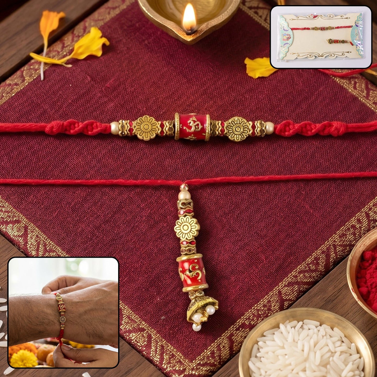 Detailed view of red and gold beads on Bhabhi Rakhi