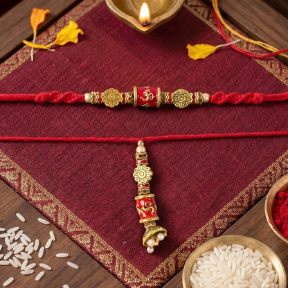 Side view of Red Gold Bead Bhabhi Rakhi with hanging charm