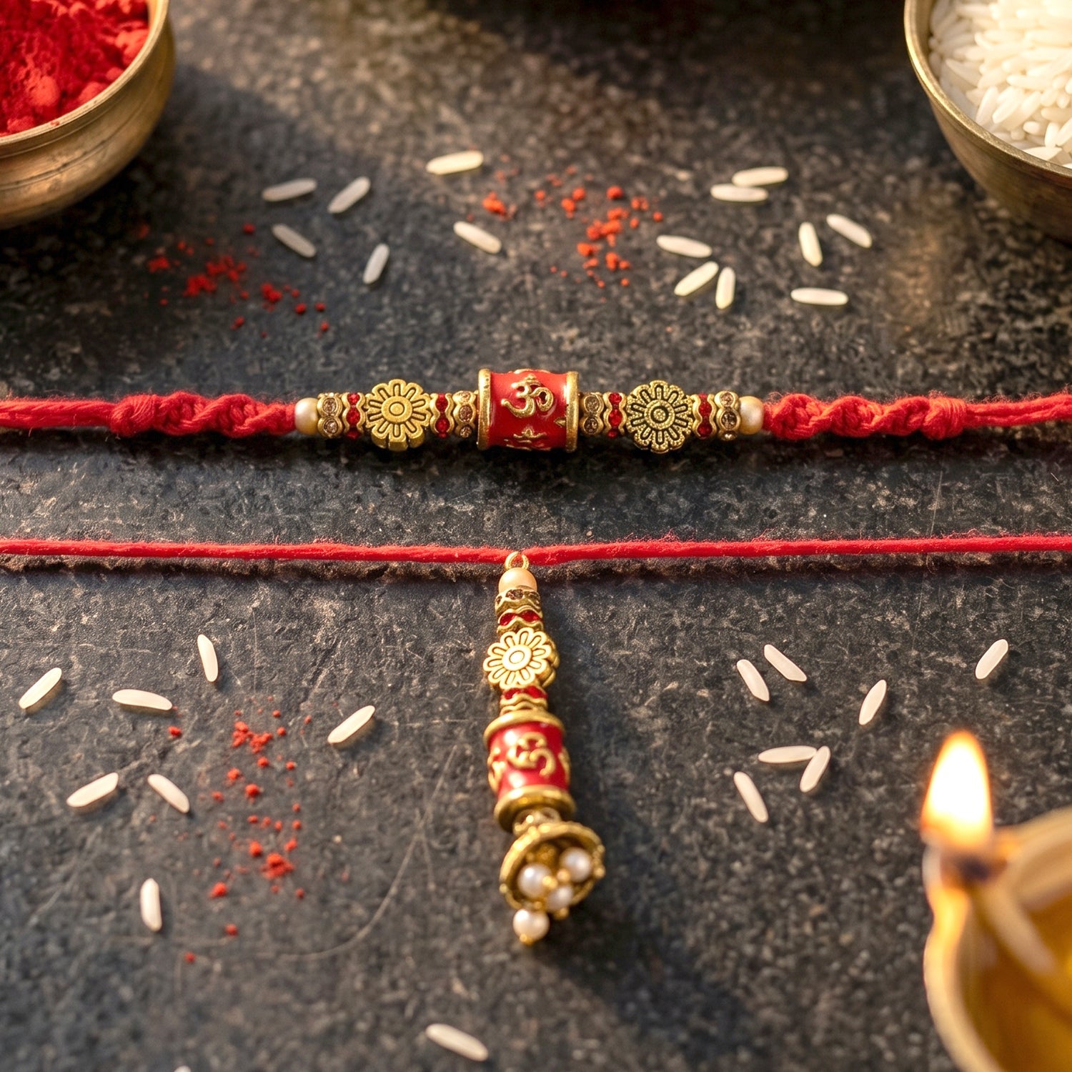Red Gold Bead Bhabhi Rakhi with hanging charm close-up