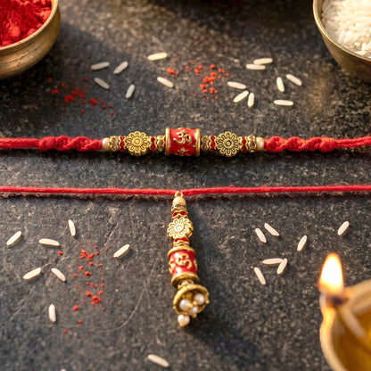 Red Gold Bead Bhabhi Rakhi with hanging charm close-up