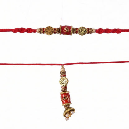 Red Gold Bead Bhabhi Rakhi laid flat for display