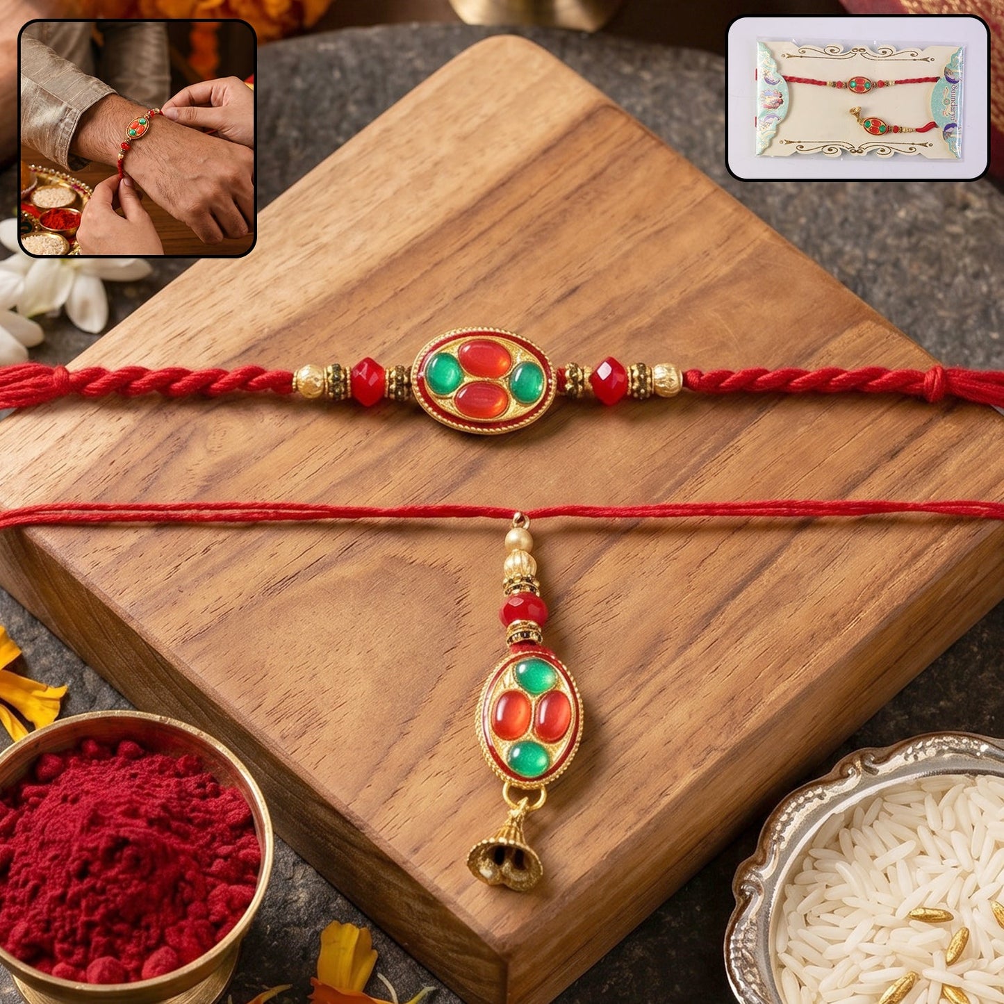 Oval Stone Bhabhi Rakhi with Gold Tone Latkan - Front View