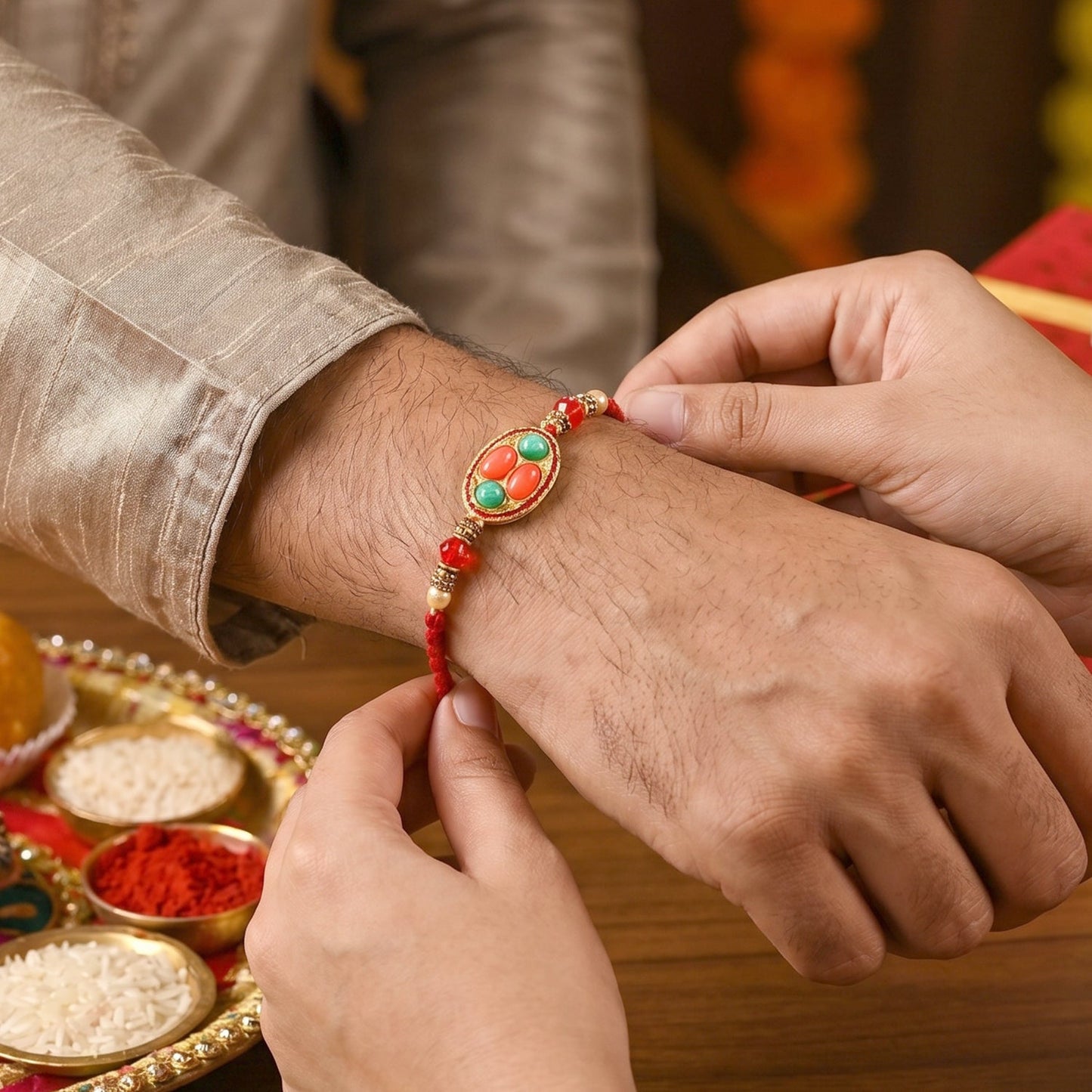 Oval Stone Bhabhi Rakhi showing thread and latkan details