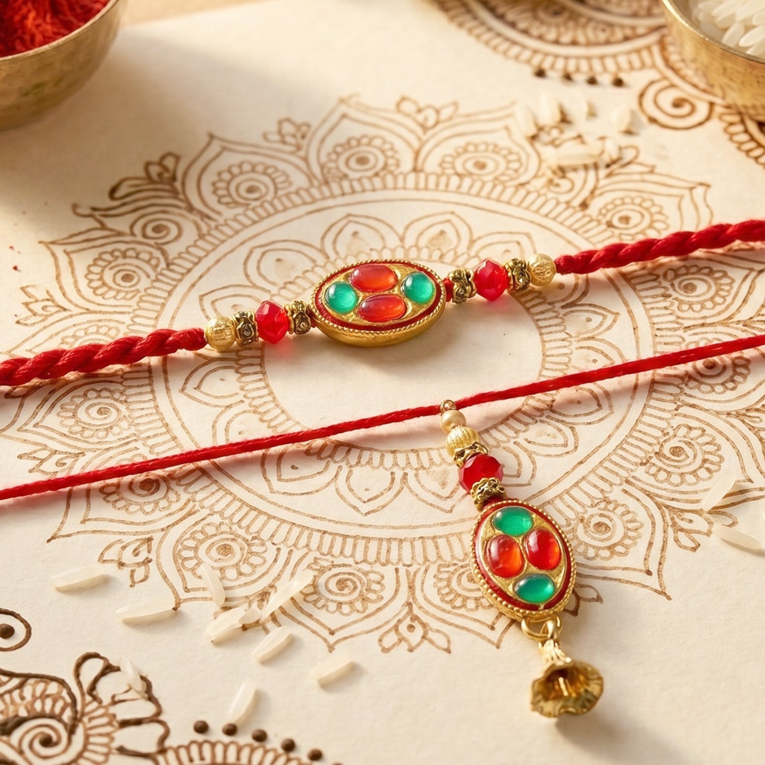 Oval Stone Bhabhi Rakhi with Gold Tone Latkan worn on wrist