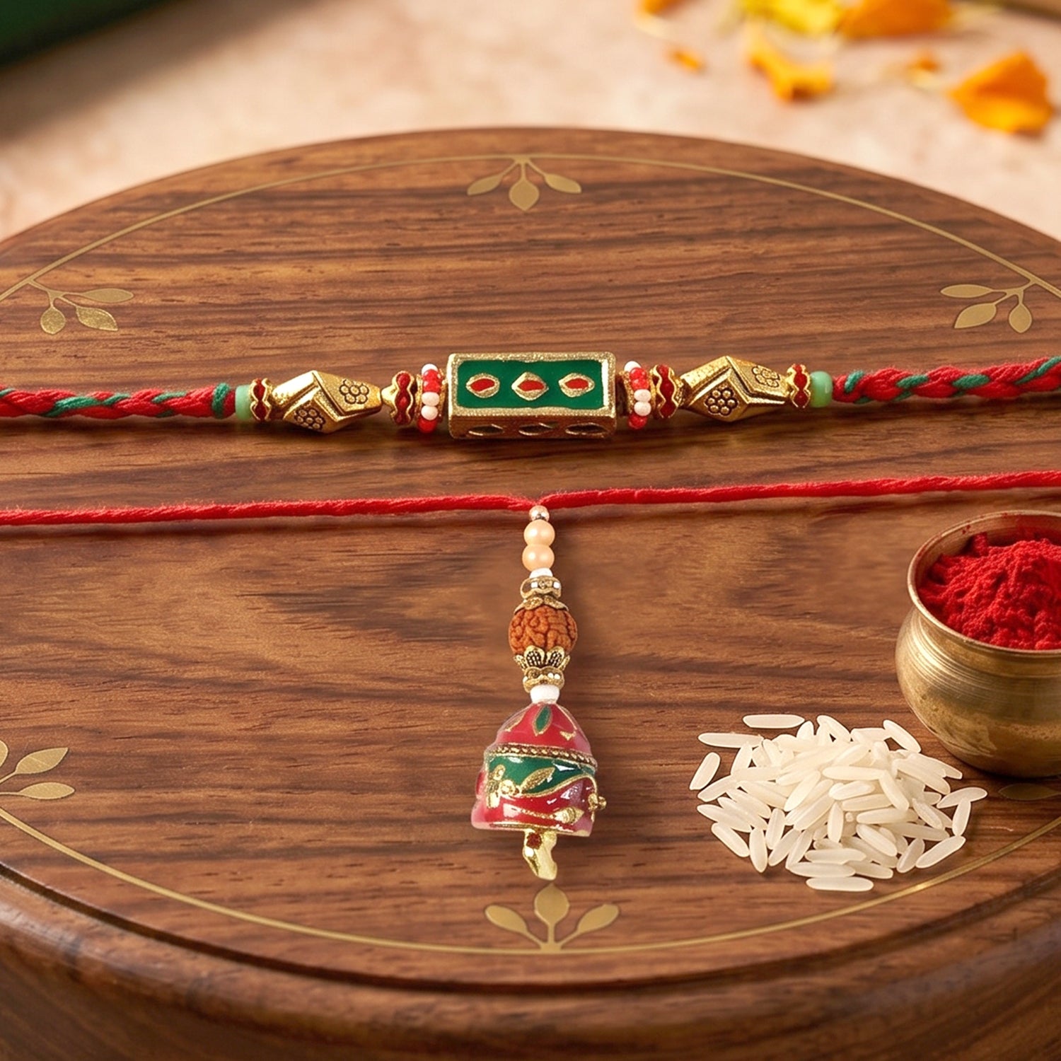 Meenakari Rectangle Bhabhi Rakhi with pearl drop close-up