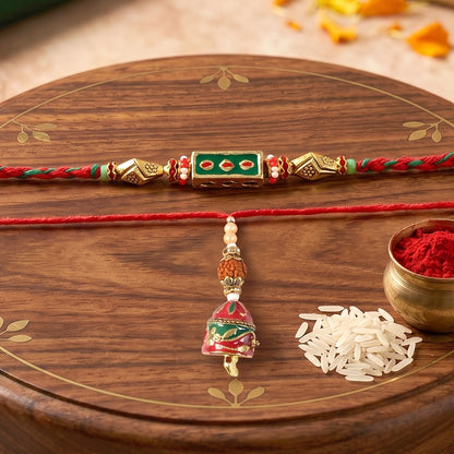Meenakari Rectangle Bhabhi Rakhi with pearl drop close-up
