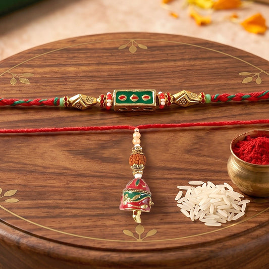 Meenakari Rectangle Bhabhi Rakhi with pearl drop close-up