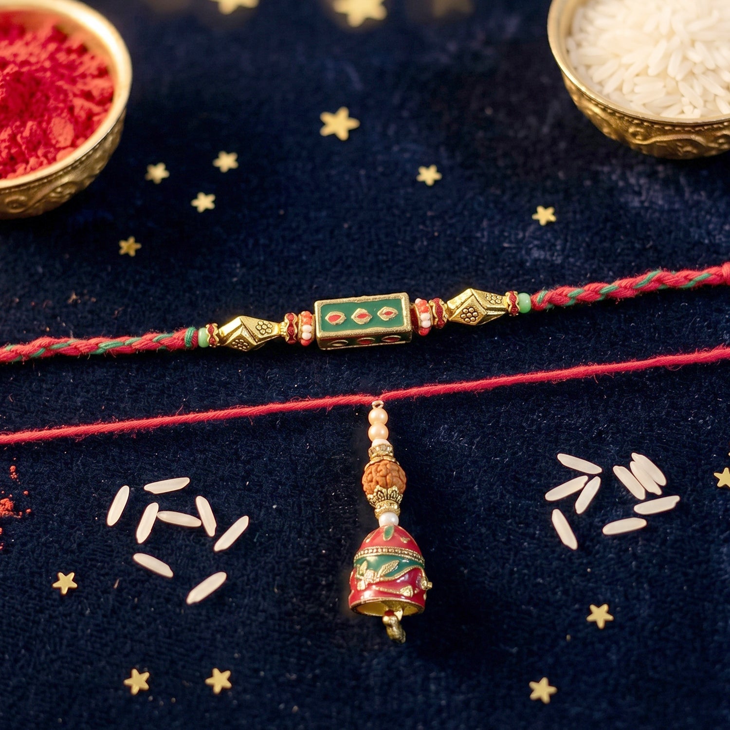 Side angle of Meenakari Rectangle Bhabhi Rakhi with pearl