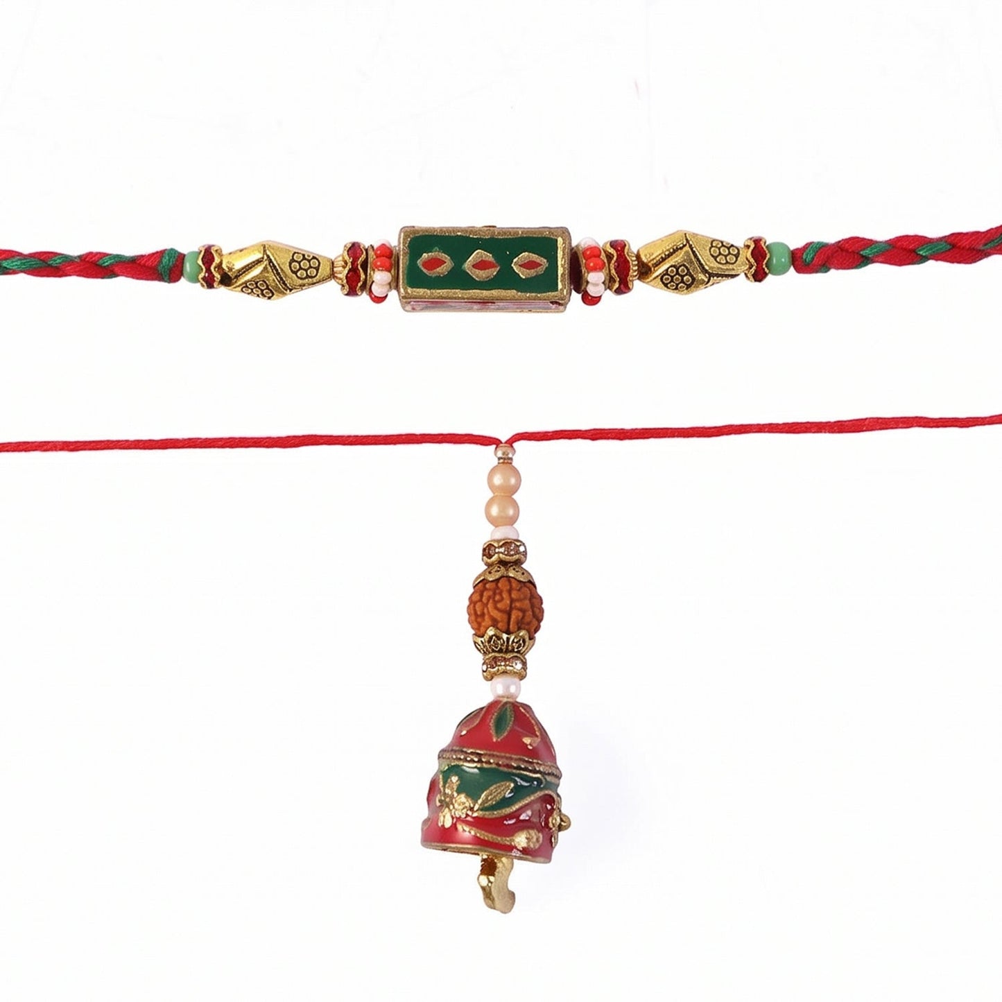 Close-up of pearl drop on Meenakari Rectangle Bhabhi Rakhi