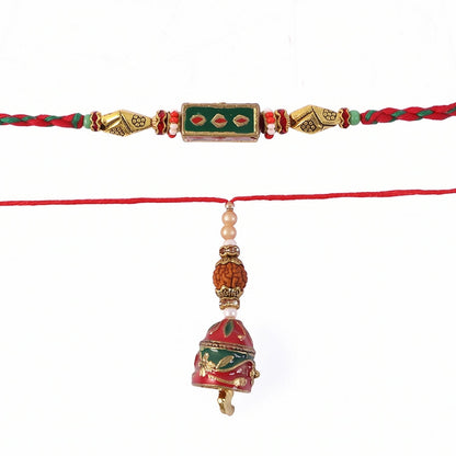 Close-up of pearl drop on Meenakari Rectangle Bhabhi Rakhi