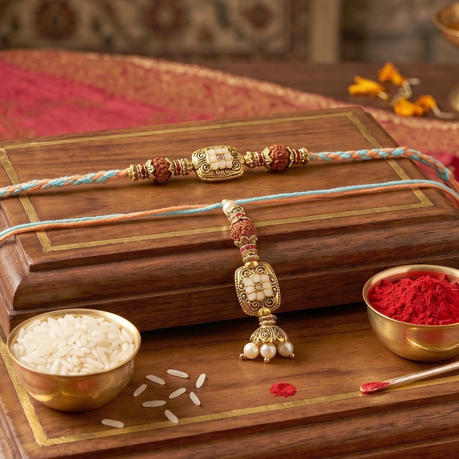Top view of Golden Bead Bhabhi Rakhi showing traditional latkan