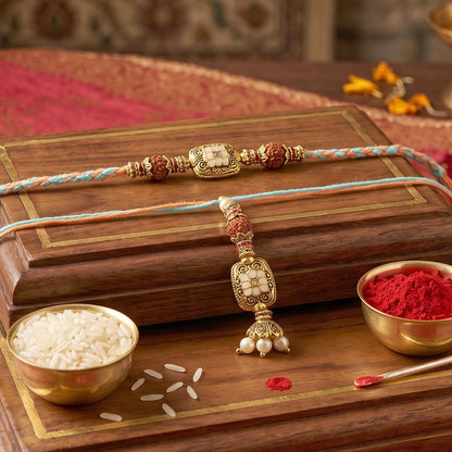 Top view of Golden Bead Bhabhi Rakhi showing traditional latkan