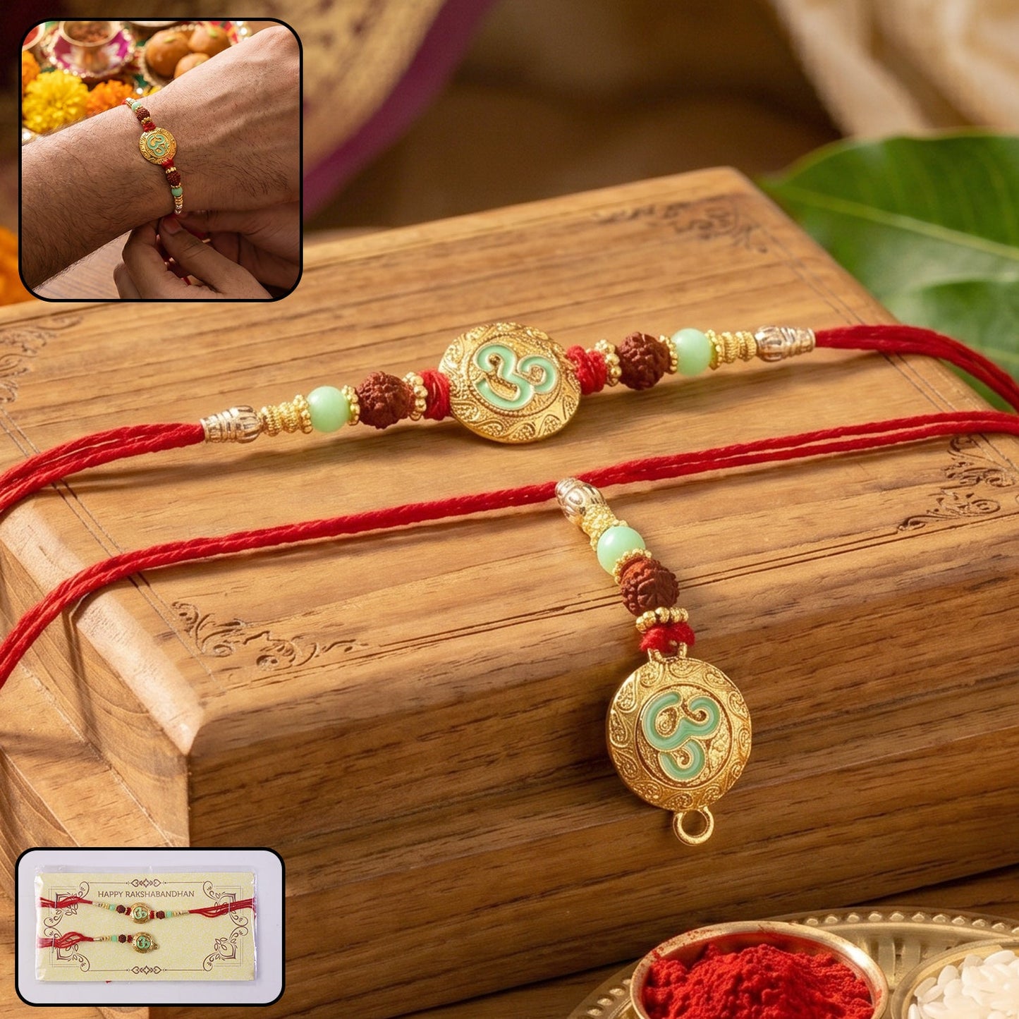 Swirl Coin Bhabhi Rakhi laid flat with pearl beads