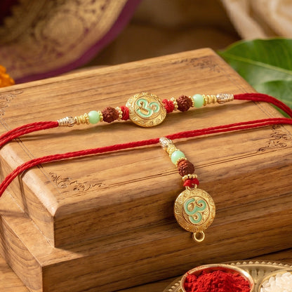 Swirl Coin Bhabhi Rakhi with pearl beads angled view