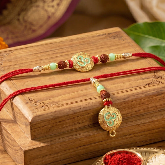 Swirl Coin Bhabhi Rakhi with pearl beads angled view