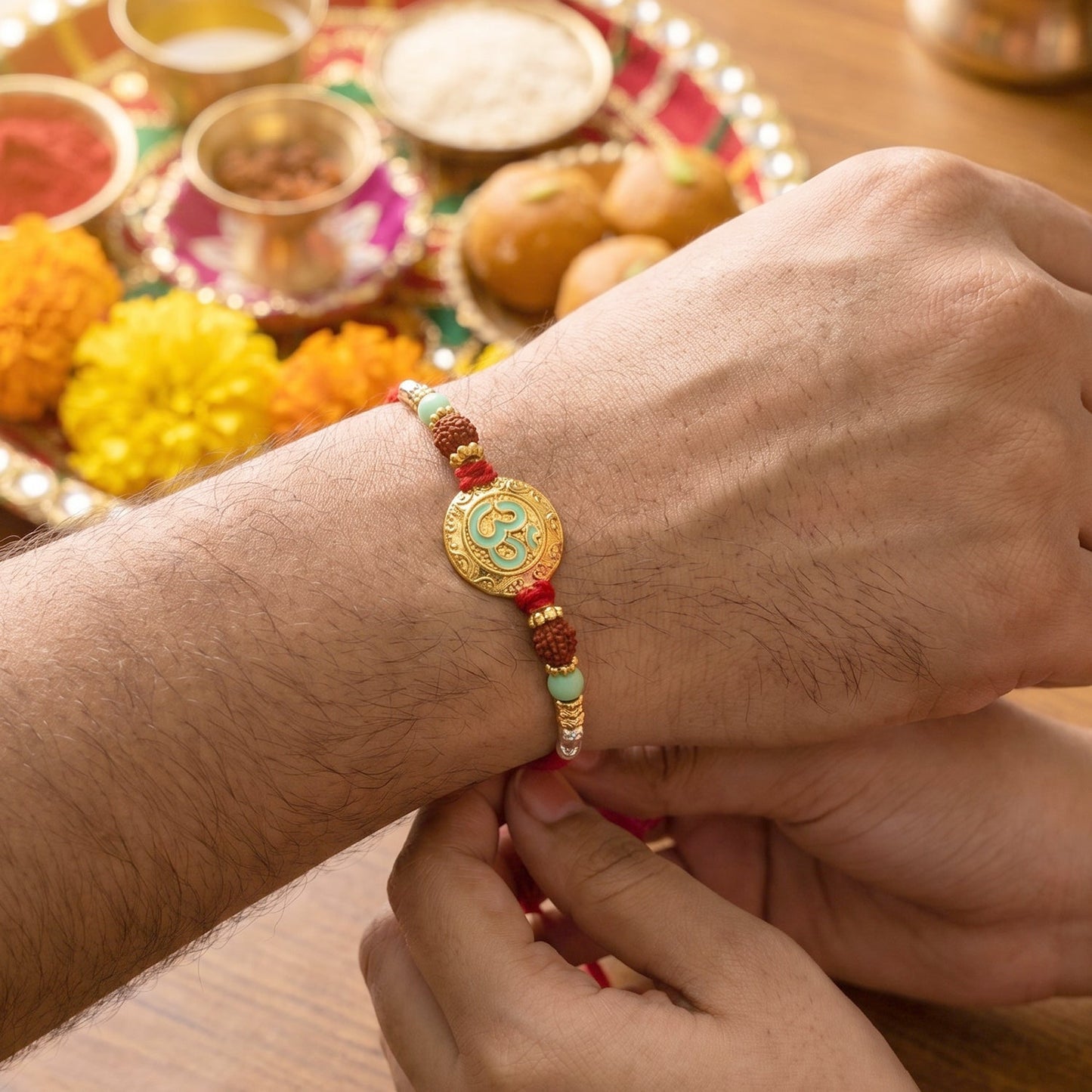 Top view of Swirl Coin Bhabhi Rakhi showing pearl beads