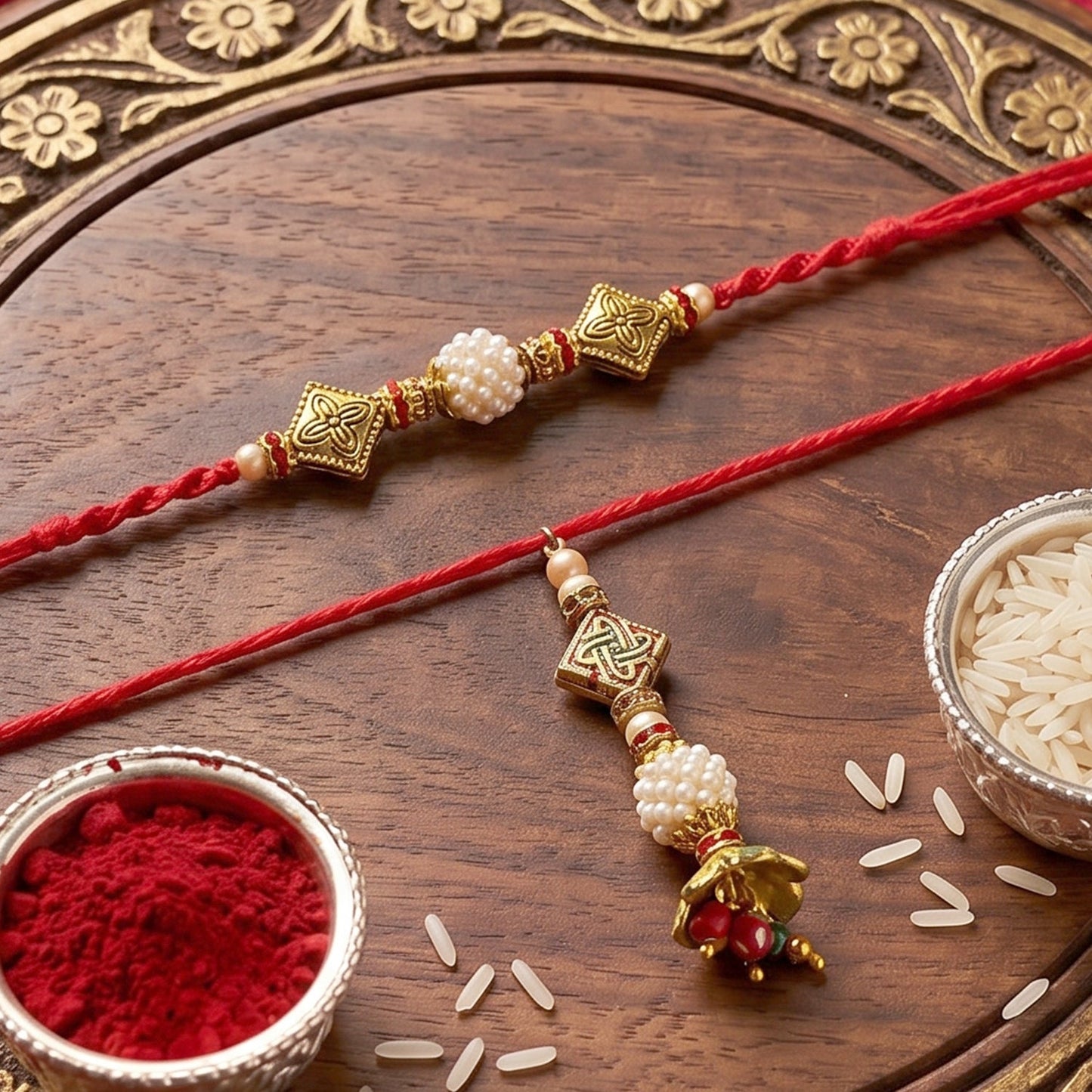 Hand holding Pearl Cube Bhabhi Rakhi showing size and detail