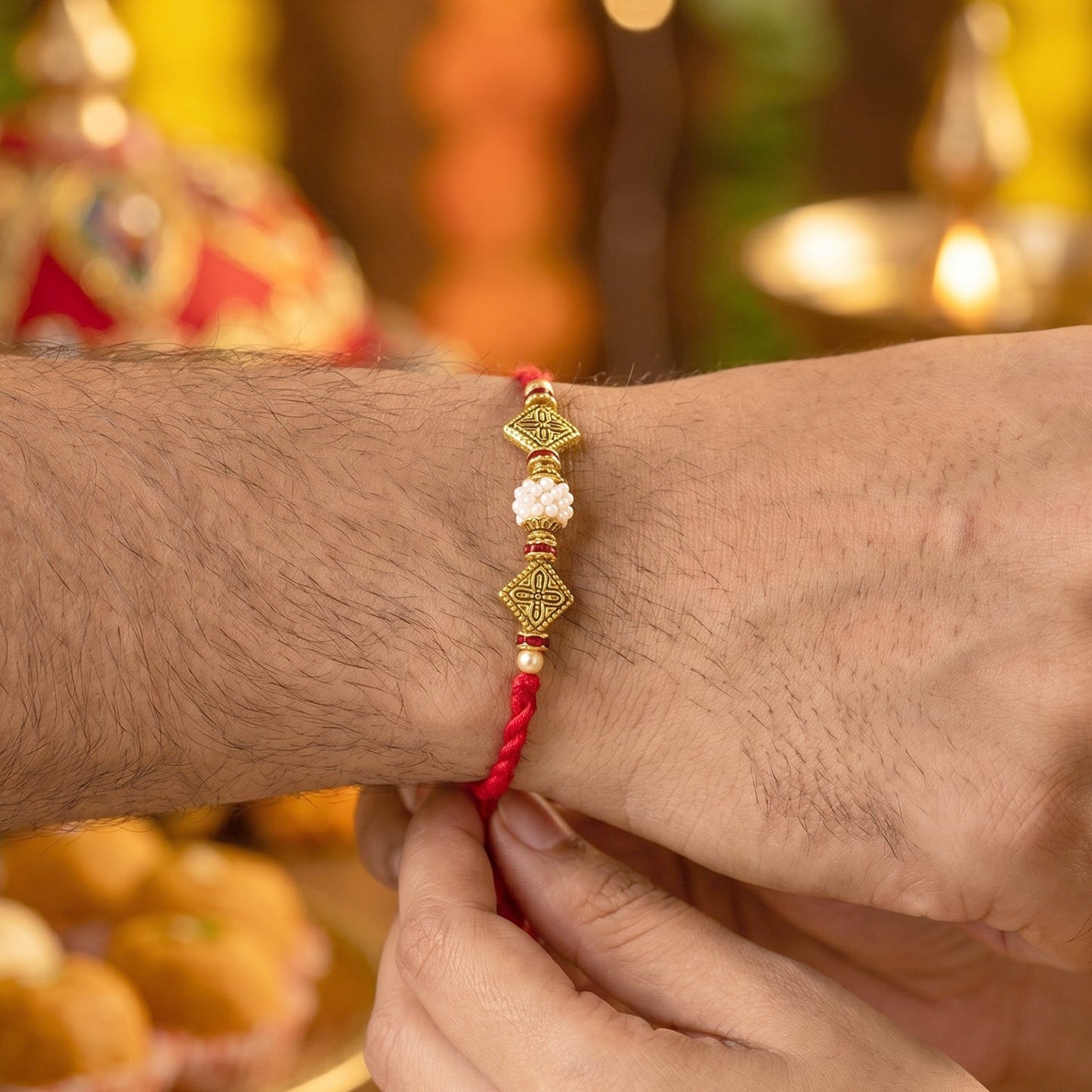 Pearl Cube Bhabhi Rakhi side view showcasing design