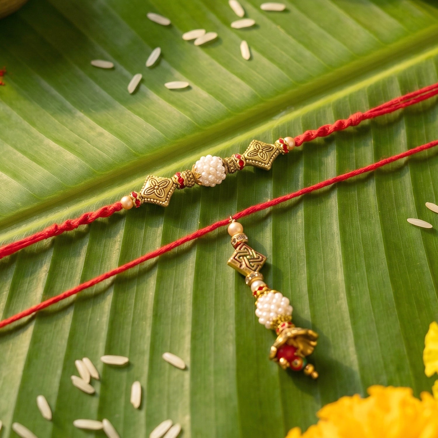 Close-up of Pearl Cube Bhabhi Rakhi antique latkan detail
