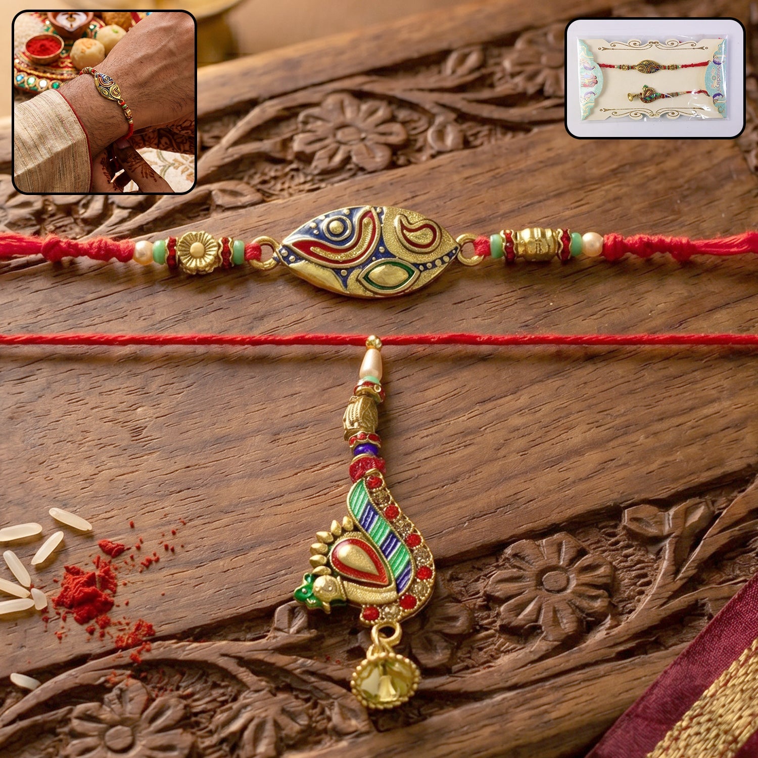 Handcrafted Meenakari Bhabhi Rakhi with Peacock Latkan