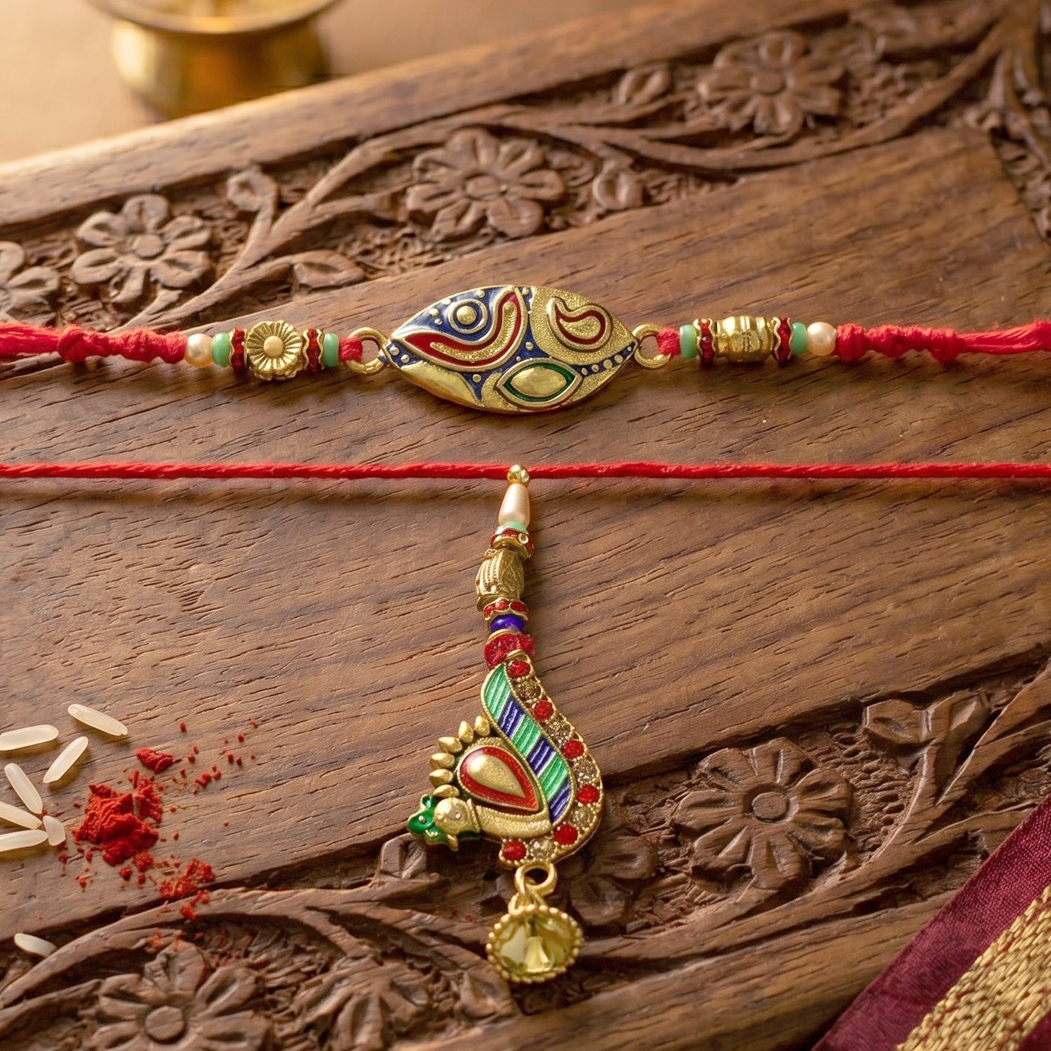 Colorful Meenakari Bhabhi Rakhi with Peacock Latkan front view