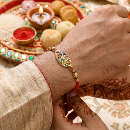 Traditional colorful Meenakari Bhabhi Rakhi close-up