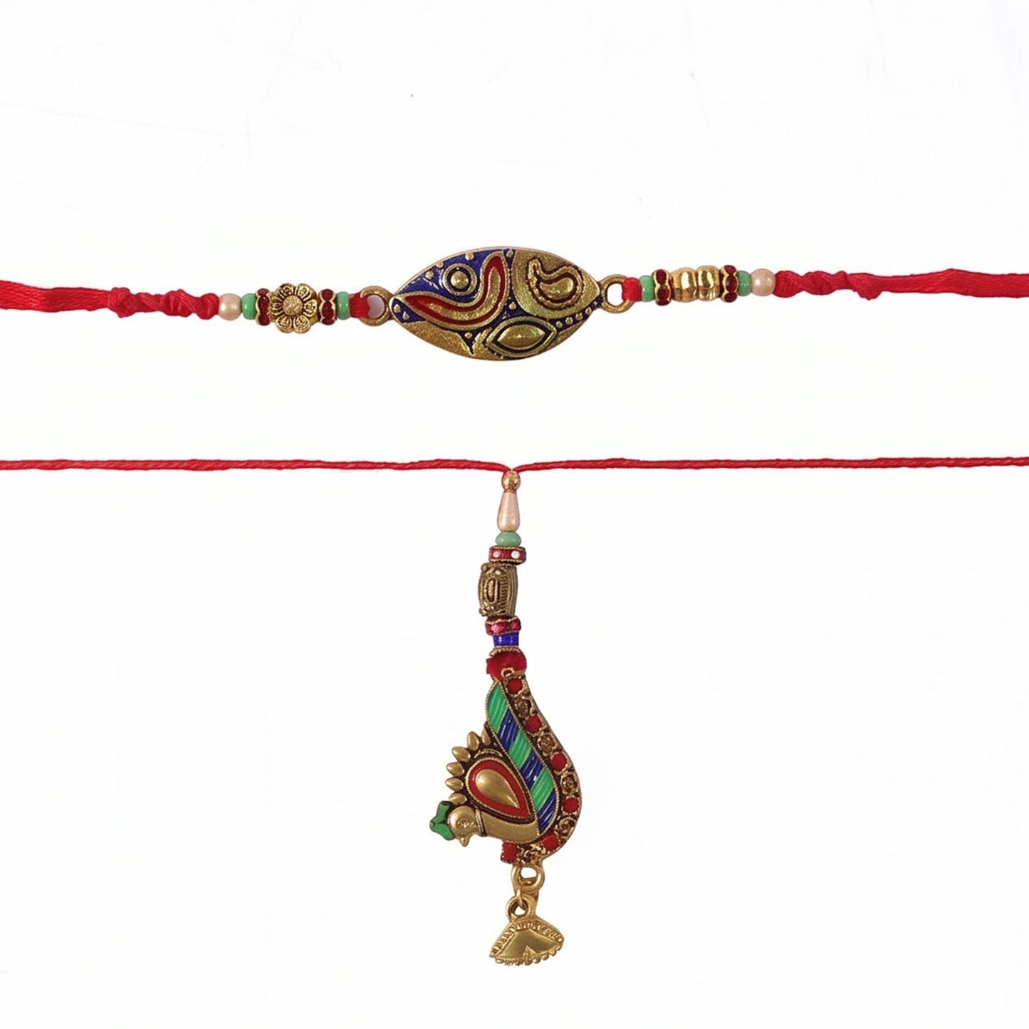 Bright colors of Meenakari Bhabhi Rakhi with Peacock Latkan