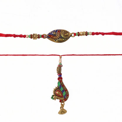 Bright colors of Meenakari Bhabhi Rakhi with Peacock Latkan