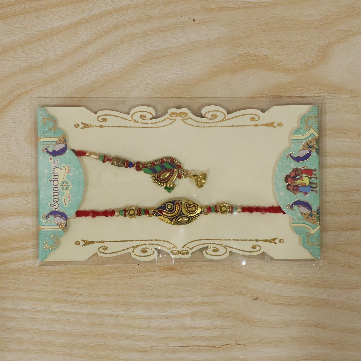 Side angle of Bhabhi Rakhi with peacock design