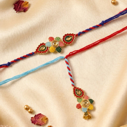 Multicolor Thread Bhabhi Rakhi with Floral Latkan on white background