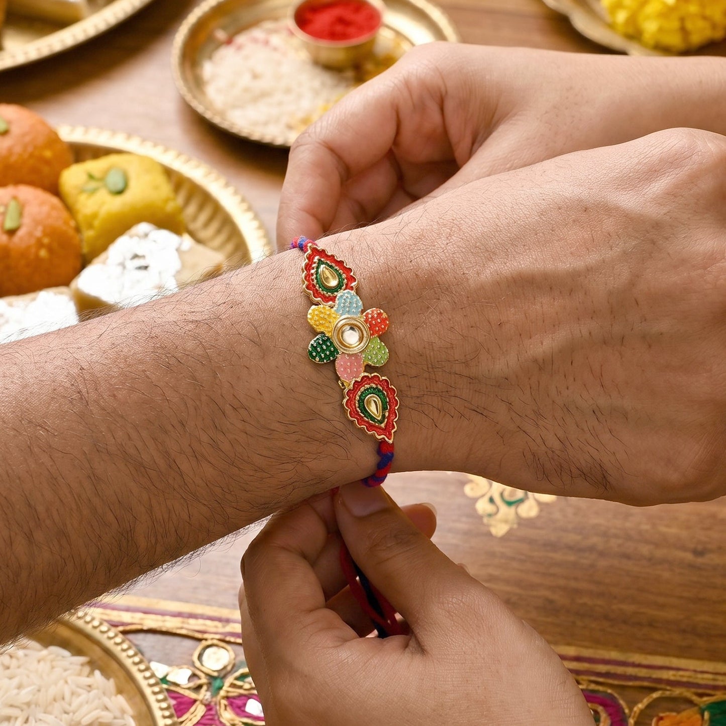 Top view of multicolor thread Bhabhi Rakhi with floral latkan